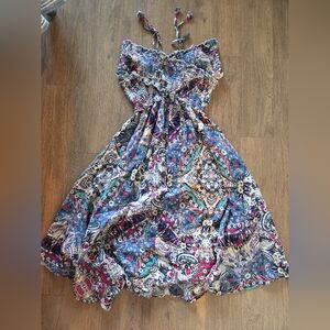 Anthropologie Cream Smocked Top with Blue and Pink Accents